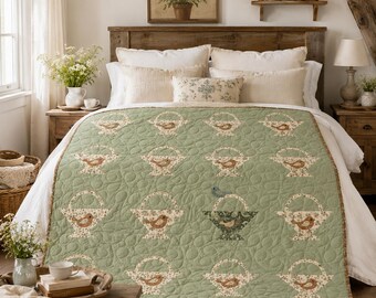 Quiltpatroon met mandapplicaties (PDF), quiltpatroon met vogelmand, spreipatroon, cottage quilt, boerderijquilt, direct te downloaden