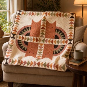 May include: A square quilt featuring a central design of four stylised orange cats arranged in a cross pattern. The quilt is bordered by a repeating triangle motif in shades of green, orange, and brown, with intricate fan-shaped quilting patterns.