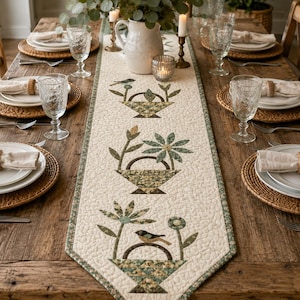 Primitive Flower Basket Quilt Table Runner Pattern PDF, Applique Quilt Pattern, Table Runner Sewing Pattern, Farmhouse Quilt Decor