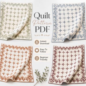 May include: A digital quilt pattern PDF featuring four variations of a star and circle block design in sage green, blue, terracotta, and maroon. The text reads Quilt Pattern PDF, Instant Download, Easy To Follow, and Beginner Friendly.