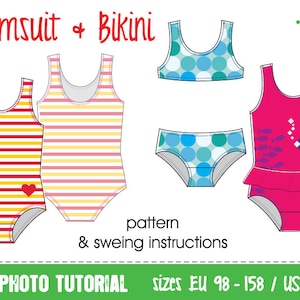 May include: Sewing pattern for a swimsuit and bikini with photo tutorial. The pattern includes a striped one-piece swimsuit, a striped tankini top, a polka dot bikini top, a polka dot bikini bottom, and a one-piece swimsuit with a fish print and a ruffle.