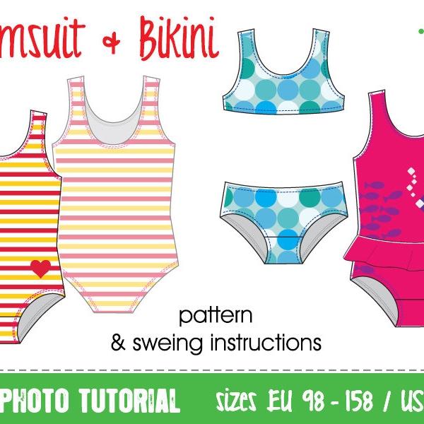 Badpak en bikini • meisjes maten EU 98–158 US 3–13 • tutorial pdf naaipatroon projector direct downloaden • badkleding kinderen engels lycra