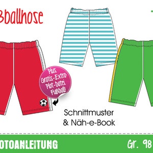May include: A sewing pattern for children's soccer shorts. The pattern includes three different designs: red with white stripes, green with yellow stripes, and blue and white stripes. The pattern includes a photo tutorial and is available in sizes 98-164.