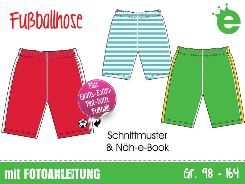 May include: A sewing pattern for children's soccer shorts. The pattern includes three different designs: red with white stripes, green with yellow stripes, and blue and white stripes. The pattern includes a photo tutorial and is available in sizes 98-164.