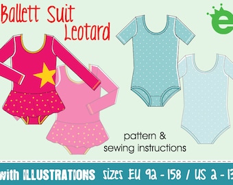 leotard pattern ballet suit girls • sewing pdf projector • sz EU 92 - 158 / US 2-13 English tutu gymnastics dancing one piece stretch lycra