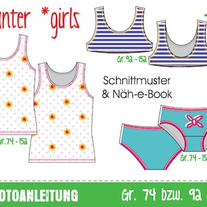 Könnte beinhalten: Ein Schnittmuster und E-Book zum Nähen von Tanktops und Unterwäsche für Mädchen. Das Schnittmuster beinhaltet zwei Tanktop-Designs, eines mit einem Blumenmuster und eines mit einem weißen und gelben Muster. Die Unterwäsche ist türkis mit rosa Besatz und einer rosa Schleife. Das Schnittmuster ist in den Größen 74 bis 152 erhältlich.