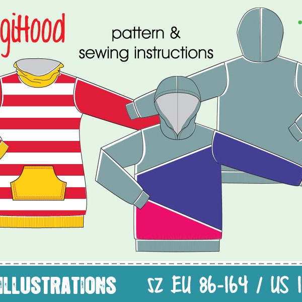 LongiHood kids Sweatshirt longshirt | sz EU 86–164 • US 18m–14 | dress hood sweater PDF sewing pattern projector childrens' hoodie • English