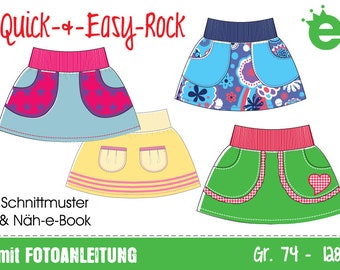 May include: Four different skirt patterns for girls, with a variety of colors and designs. The patterns include a blue skirt with pink stars, a yellow skirt with pink stripes, a green skirt with a red heart, and a purple skirt with blue and pink flowers. The text "Quick-+-Easy-Rock" is at the top of the image, and the text "Schnittmuster & Näh-e-Book mit FOTOANLEITUNG Gr. 74 - 128" is at the bottom.
