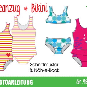 Peut inclure: Patron de couture pour un maillot de bain et un bikini avec un imprimé rayé, à pois et à poissons. Le patron comprend des instructions pour les tailles 98 à 158.