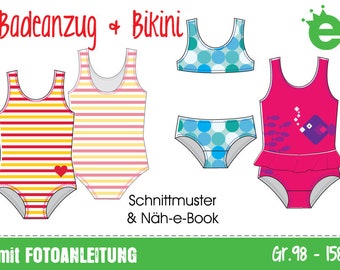 GERMAN VERSION: Badeanzug und Bikini für Mädchen GERMAN Version • Gr. 98-158 •  Näh-e-Book