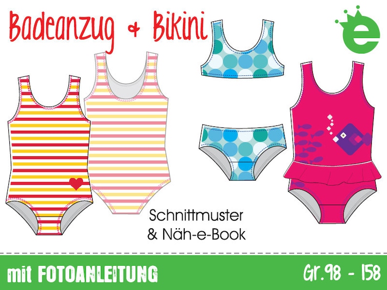 Badeanzug und Bikini Mädchen Gr. 98-158 Näh-e-Book und Schnittmuster DEUTSCH Sofort-Download Bademode Kinder Badesachen Schwimmanzug Bild 1