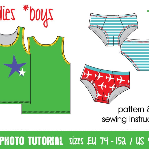 Undies for boys • sewing pattern • sz EU 74-152 US 9M-12 • PDF download projector file English • underpants briefs undershirt underwear vest