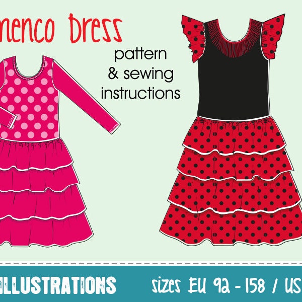 Flamenco dress for girls • sz EU 92–152 US 2–13 • sewing pattern english • PDF download projector • ruffles carneval dance costume party