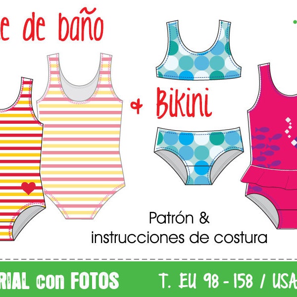 Tutorial y patrón de costura para traje de baño y bikini  • tallas de niña 98– 158 / 3 - 13 • versión español • verano piscina infantil