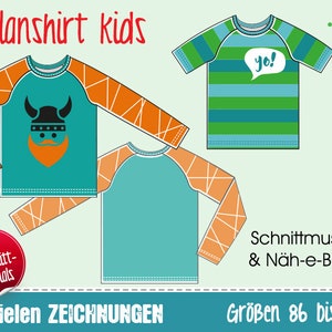 May include: A sewing pattern for a children's raglan shirt with a Viking design, stripes, and a speech bubble with the word "yo!" The pattern includes instructions and is available in sizes 86 to 164.