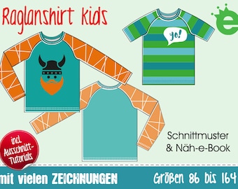 May include: A sewing pattern for a kids' raglan shirt with a Viking design, stripes, and a speech bubble with the word "yo!" The pattern includes instructions and is available in sizes 86 to 164.