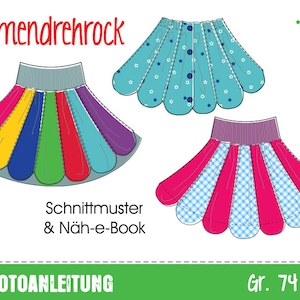 May include: A sewing pattern for a colorful flower-shaped skirt with a button closure. The pattern includes a photo tutorial and is available in sizes 74-140. The text "Blumendrehrock" is visible in the image.