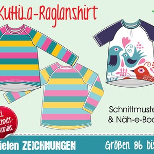 May include: A sewing pattern for a raglan shirt with a striped design in pink, yellow, blue, and green. The pattern includes instructions and is available in sizes 86 to 164.