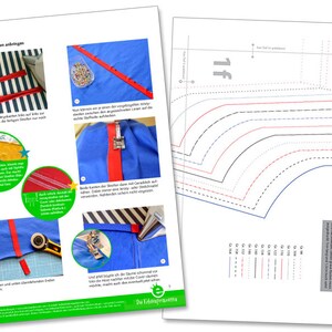 May include: A sewing tutorial with instructions on how to attach a red bias tape to a blue and white striped fabric. The tutorial includes images of the steps involved, including pinning, sewing, and trimming the tape. The text in the image is in German.