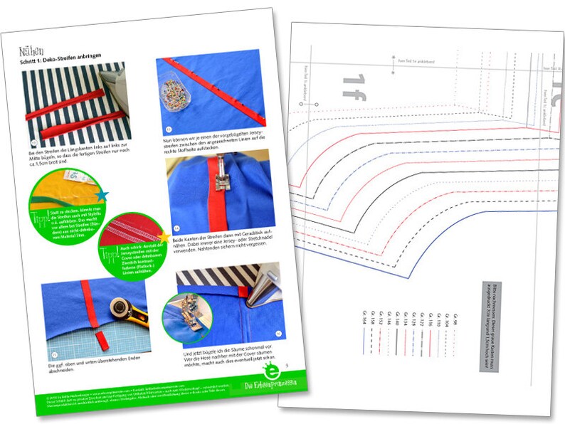 May include: A sewing tutorial with instructions on how to attach a red bias tape to a blue and white striped fabric. The tutorial includes images of the steps involved, including pinning, sewing, and trimming the tape. The text in the image is in German.