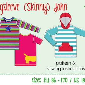 May include: A sewing pattern for a long-sleeved shirt with a hood and a pocket. The pattern includes instructions for sizes EU 86-170 / US 18M-15.