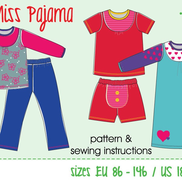 Miss Pajama children pajamas || Euro-size 86-146 / US-size 18m to 11 || girls' sewing pattern pdf download projector cutting ||  English