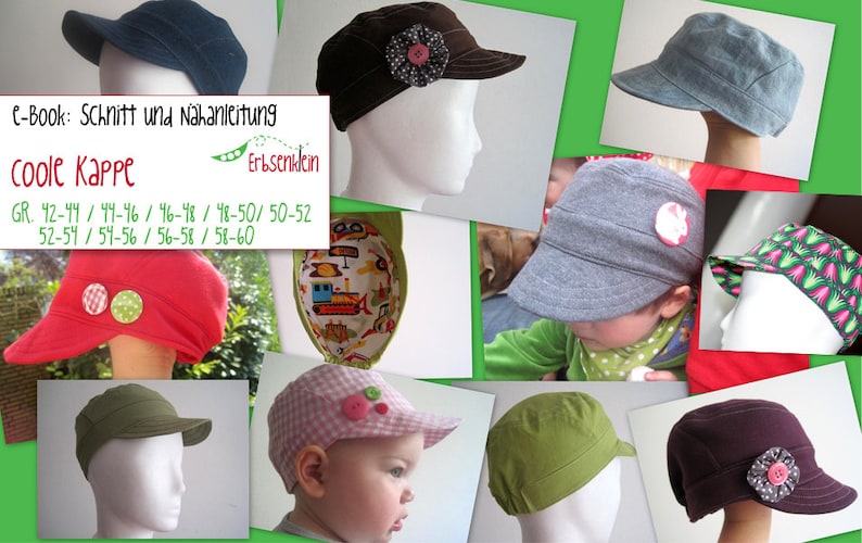 GERMAN instructions Coole Kappe: Cap / hat e-book, sewing instructions and pattern pdf instant download sizes 42-60cm image 1