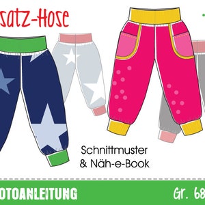 May include: A sewing pattern for children's trousers with a star print. The pattern includes instructions for making trousers with different colours and designs. The pattern is available in sizes 68-134 cm.