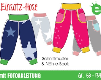 May include: A sewing pattern for children's pants with a star print. The pattern includes instructions for making pants with different colors and designs. The pattern is available in sizes 68-134 cm.