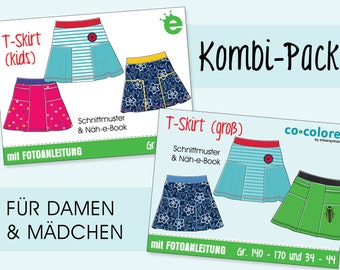 May include: A sewing pattern for a skirt with a Kombi-Pack option. The pattern includes instructions for making a skirt for kids and a skirt for adults. The pattern includes a photo tutorial and is available in sizes 140-170 and 34-44.