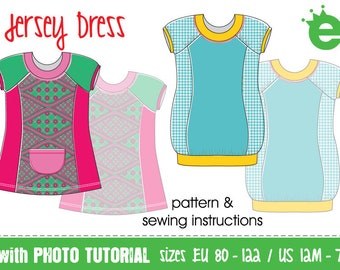 pdf e-book and sewing pattern: Jersey knit dress for girls | sz EU 80–122 • US 18m – 7 | download projector English toddler mini summer