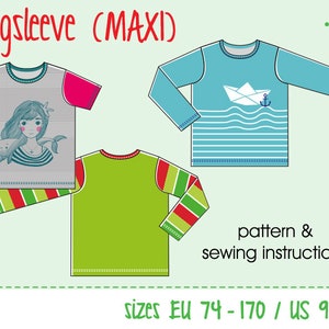 May include: Three long-sleeve t-shirt sewing patterns with different designs. The first pattern features a mermaid and whale design, the second pattern features a boat and waves design, and the third pattern is a solid green color. The text "Longsleeve (MAXI)" is at the top of the image. The text "pattern & sewing instructions" is in the lower right corner of the image. The text "sizes EU 74-170 / US 9M-15" is at the bottom of the image.