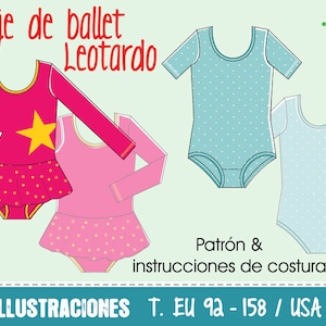 Puede incluir: Un patrón de costura para un leotardo de ballet con instrucciones. El patrón incluye tres diseños de leotardo: uno con mangas largas y un estampado de estrellas rosa y amarillo, uno con mangas cortas y un estampado de lunares azul claro y uno con mangas cortas y un estampado de lunares azul claro. El patrón es para las tallas 92-158 (EU) o 2-13 (USA).
