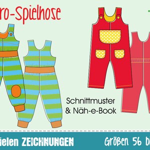 May include: A sewing pattern for retro-style overalls for children. The pattern includes two different styles, one with stripes and one with pockets. The pattern is available in sizes 56 to 116.
