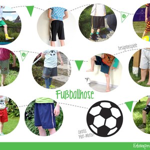 May include: A collage of images showing different styles of boys' soccer shorts. The shorts are in various colors and patterns, including green, blue, black, and gray. The text "Fu&szlig;ballhose" is in the center of the collage, which translates to "soccer shorts" in English. The text "Gratis Plot-Motiv!" is below the soccer shorts, which translates to "Free Plot-Motif!" in English.