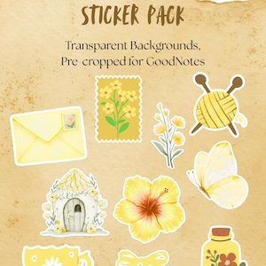 Könnte beinhalten: Ein digitales Sticker-Set mit 10 buttergelben Illustrationen, darunter ein Umschlag, eine Blumenbriefmarke, ein Wollknäuel, ein Schmetterling, ein Häuschen, ein Hibiskus, eine Teetasse, eine Schleife und ein Glas mit Blumen. Text: 10 INDIVIDUAL BUTTER YELLOW STICKER PACK Transparent Backgrounds, Pre-cropped for GoodNotes.
