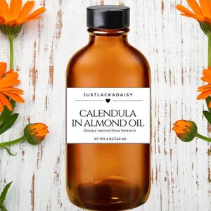 Double Infused Organic Calendula in Sweet Almond Oil 100% Pure -UNREFINED- Skin, Body, Face, Hair- 1 oz, 2 oz, 4 oz, Dark Amber Glass Bottle