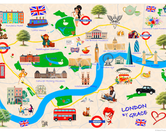 Londres por Grace / Mapa ilustrado de Londres / Arte mural de Londres / Póster de Londres tamaño A3 / Regalo de viaje a Londres