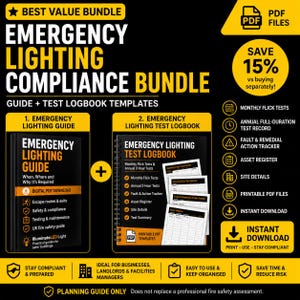 May include: A black and yellow graphic promoting an emergency lighting compliance bundle. The bundle includes a guide and test logbook templates. The image features text such as "Instant Download" and "Save 15% vs buying separately!"