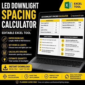 LED Downlight Spacing Calculator, Kitchen Spot Light Planner, Ceiling Light Layout Guide, Excel Template