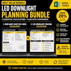 LED Downlight Planning Bundle, How Many Lights Do I Need Calculator, Downlight Spacing Calculator, Excel Lighting Planner, Digital Download