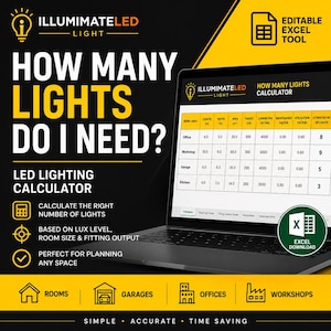 May include: A laptop displays an LED lighting calculator with the text "How Many Lights Do I Need?" The calculator helps determine the right number of lights based on lux level, room size, and fitting output. Includes an Excel download option.