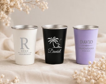 Personalized Rustic Mountain Stainless Steel Pint Cup, Custom Beach Theme Metal Cup, Engraved Floral Wreath Drinkware, Boho Camping Cup