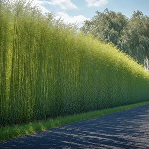 May include: A vibrant green, tall, grassy hedge borders a dark asphalt road. The hedge is illuminated by sunlight, with a backdrop of trees and a partly cloudy blue sky. The scene evokes a sense of natural beauty and tranquility.
