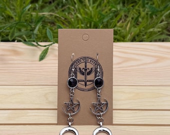 Witchy Pentagram Moon Dangle Earrings, Black Crystal Celestial Jewelry, Gilded Atelier Collection