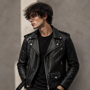 Pode incluir: Um casaco de motociclista em pele preta com lapela entalhada, fechos de correr em metal prateado, detalhes de botões de pressão na gola, dragonas nos ombros e um pequeno bolso com aba na frente, sobre uma t-shirt preta lisa.