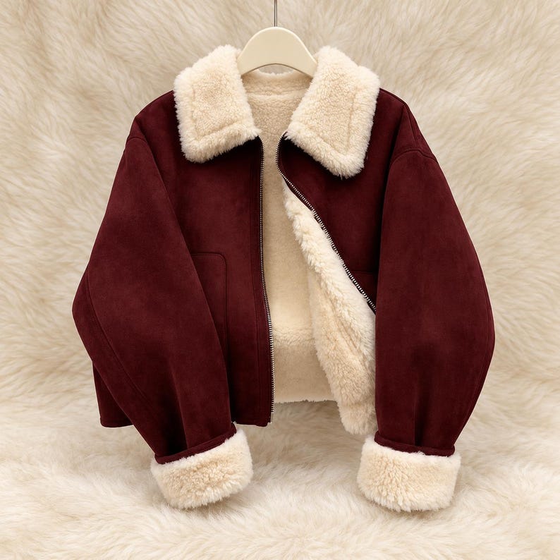May include: A deep burgundy jacket with a soft cream-colored faux shearling lining. The jacket features a wide fold-over collar, long sleeves with thick faux shearling cuffs, and a full-length silver-toned metal zipper closure down the front.