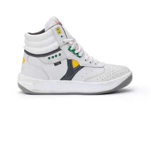May include: A white high-top sneaker featuring a perforated toe box, white laces, and a padded collar. The shoe includes grey, yellow, and green accents, a small black logo tag on the side, and a thick white midsole with a grey rubber outsole.