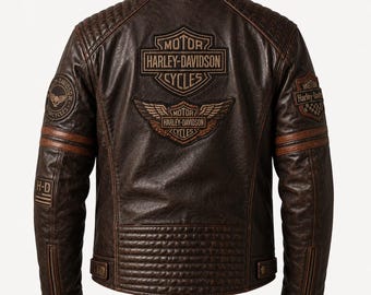 Distressed Brown Leather Motorcycle Jacket, Genuine Harley-Davidson Biker Coat