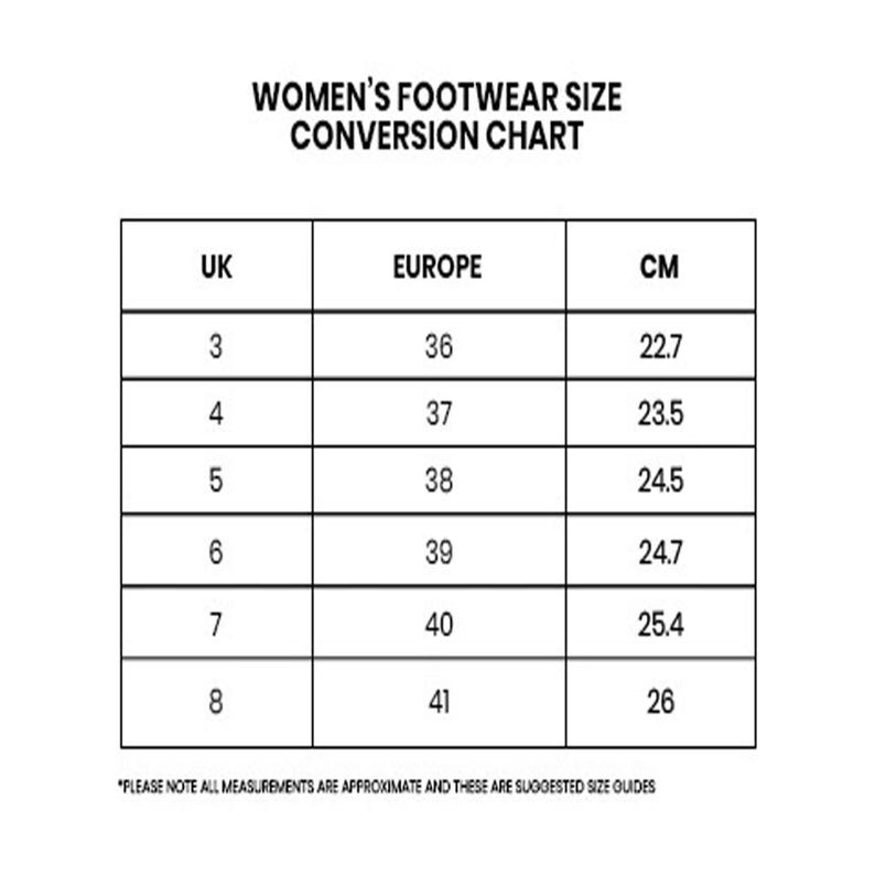 May include: A footwear size conversion chart with the title FOOTWEAR SIZE CONVERSION CHART. The table lists UK sizes 3 through 8, corresponding European sizes 36 through 41, and measurements in centimeters from 22.7 cm to 26 cm for each size.